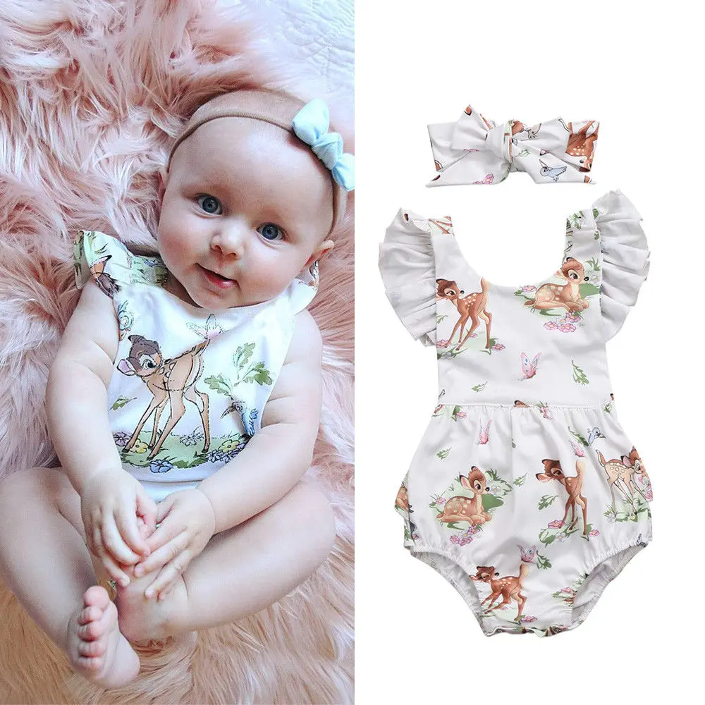 

Baby Girls Cute Cartoon Deer Print Romper Headband Ruffle Bodysuit 0-18M Newborn Infant Toddler Summer Sleeveless Jumpsuits New