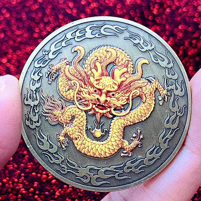 

Китайский дракон и феникс с покрытием Бронзовый окрашенный дракон король фотомонета подарок удачная монета