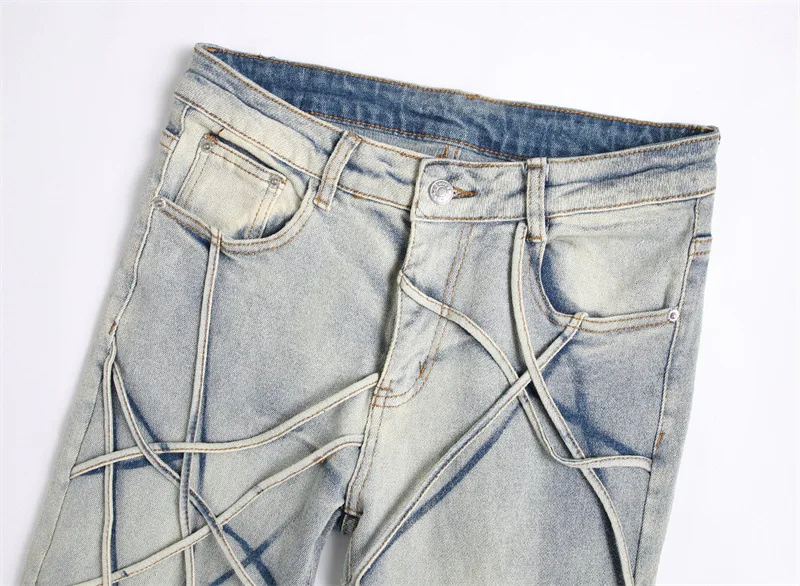 Джинсы мужские приталенные модные брюки из денима в стиле панк уличная одежда