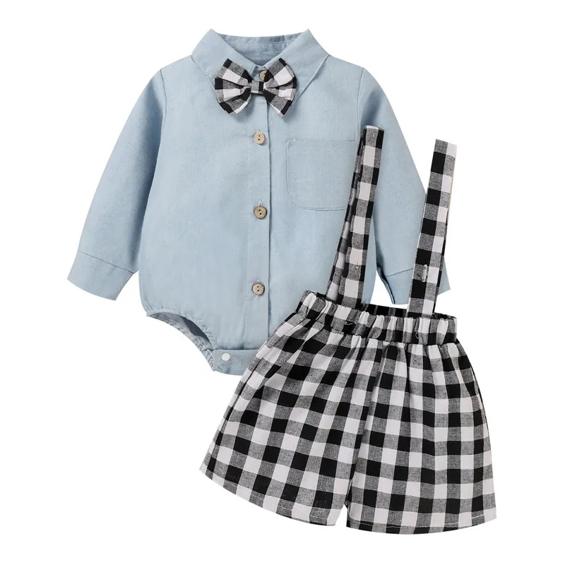 

2Pcs Baby Summer Tracksuits, Solid Color Long Sleeves Romper + Plaid Suspender Shorts for Toddler Boys, 3-24 Months