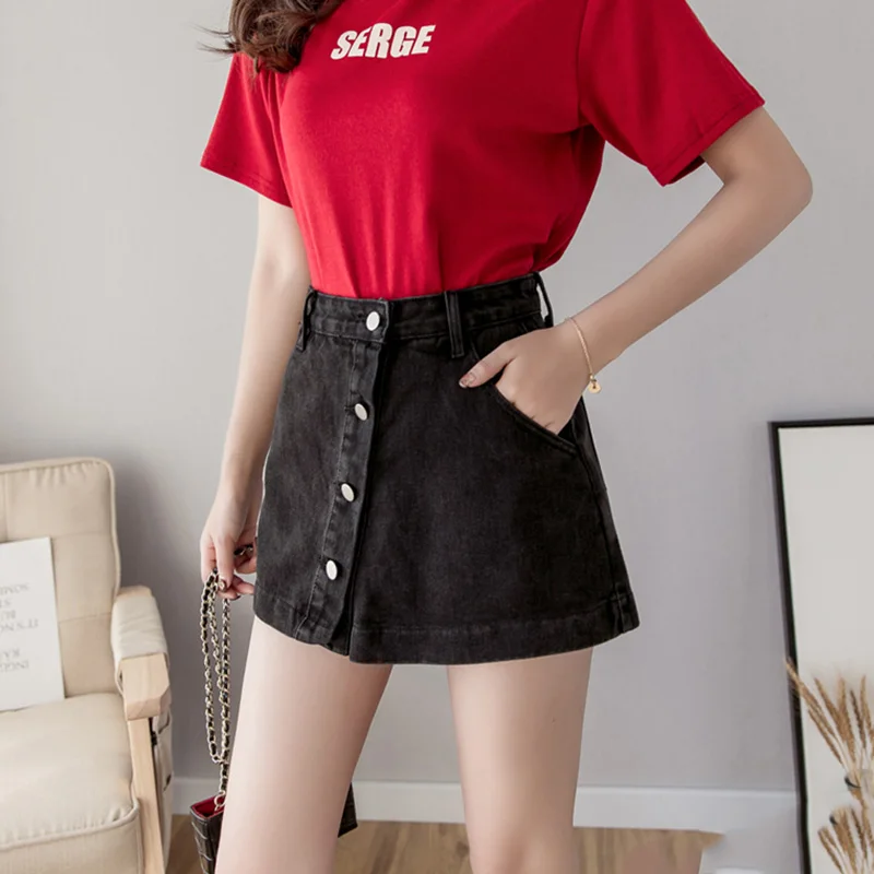 S-5XL New Women Denim Shorts Skirt Summer Fashion Single Breasted High Waist Plus Size Jeans Skirt Casual Loose A-Line Skirt