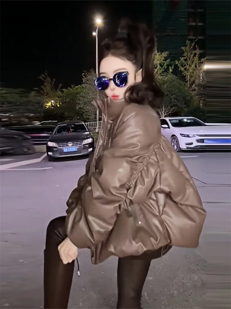 Высококачественное пальто из искусственной кожи кофейного цвета с хлопковой