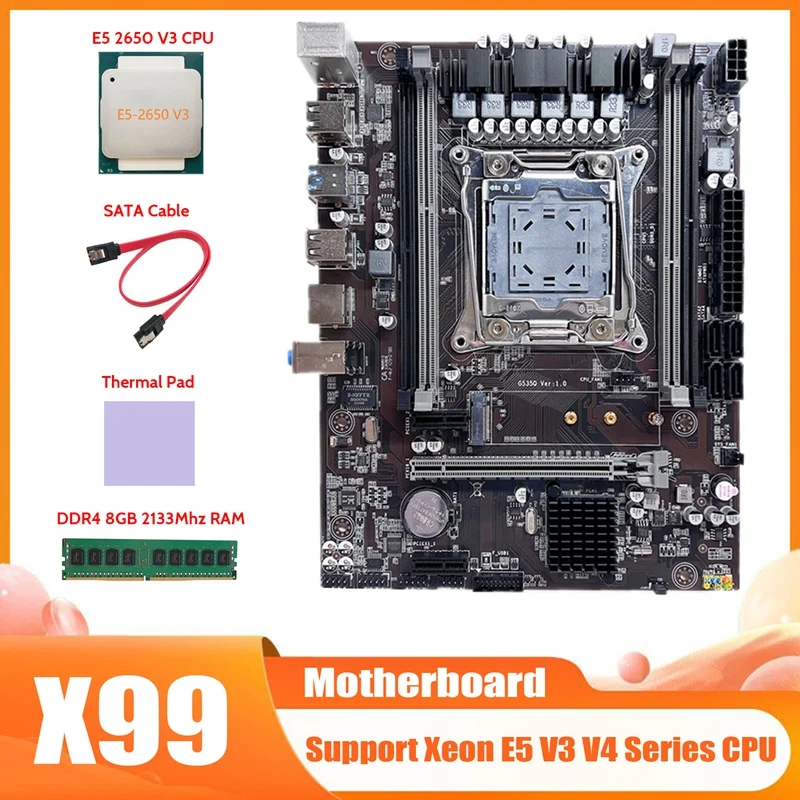 X99 Motherboard LGA 2011-3 Computer Motherboard With E5 2650 V3 CPU+DDR4 4GB 2133 Mhz RAM+SATA Cable+Thermal Pad