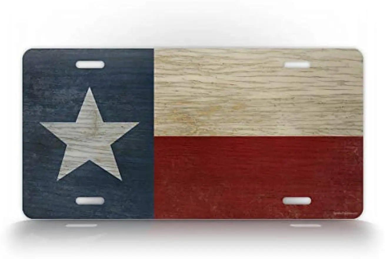 

Texas State Seal Flag Wood Textured License Plate Antique TX Lone Star State Americana Flag Auto Tag-Metal Wall Sign