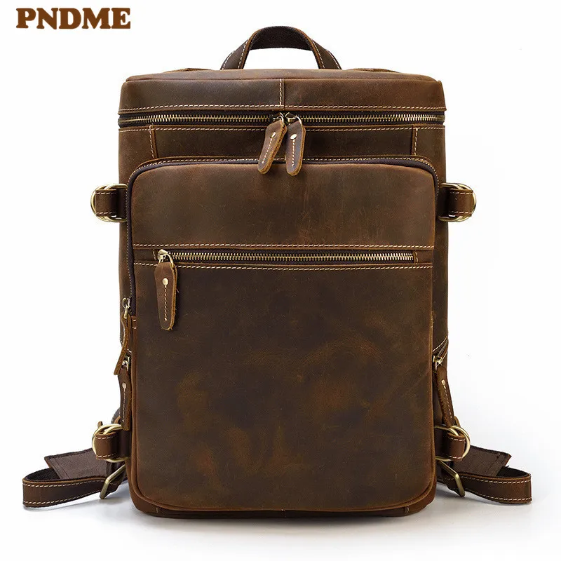 Outdoor travel genuine leather backpack retro high quality natural crazy horse cowhide men's bookbag real leather laptop bagpack