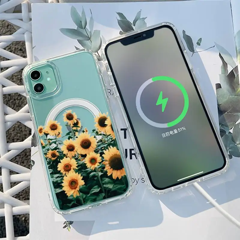 

sunflower flower Unique Design Phone Case Transparent Magsafe Magnetic Magnet For iPhone 13 12 11 Pro Max Mini Wireless Charging