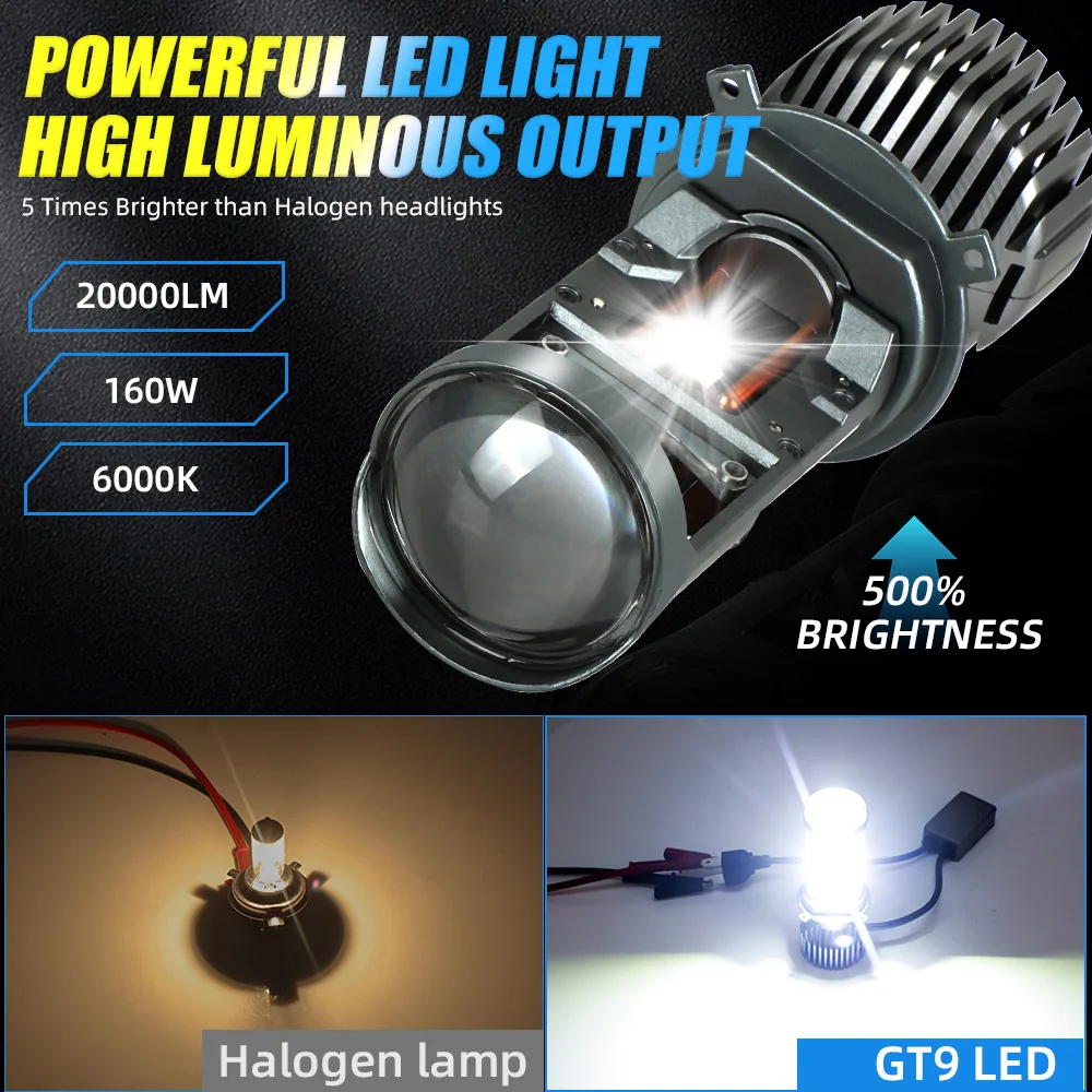 GT9 160W Mini H4 Светодиодные линзы 20000LM Двухсветодиодные для проектора Дальний ближний
