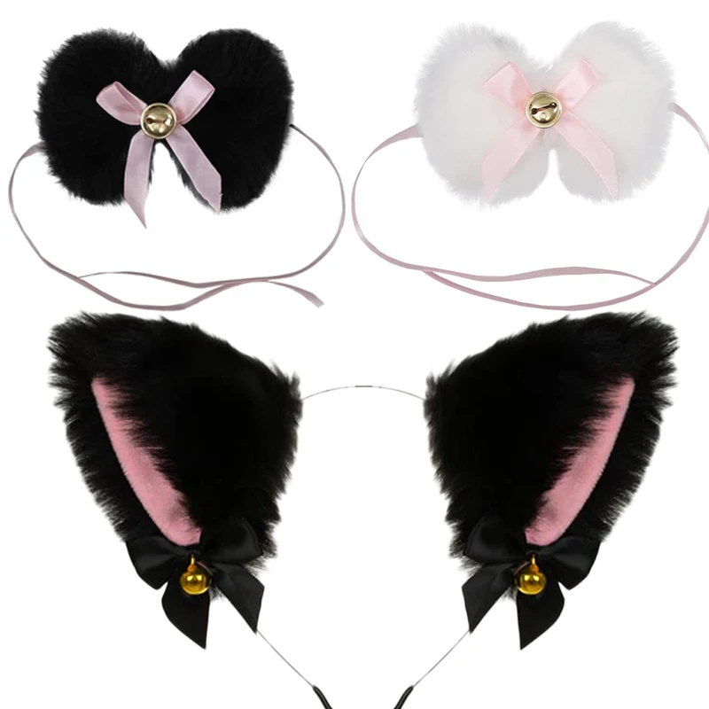 

1Set Lolita Cute Cat Ear Hairband for Girls Anime Cosplay Costume Plush Bell Cat Fur Ear Hairband Necklace Night Party Headbands