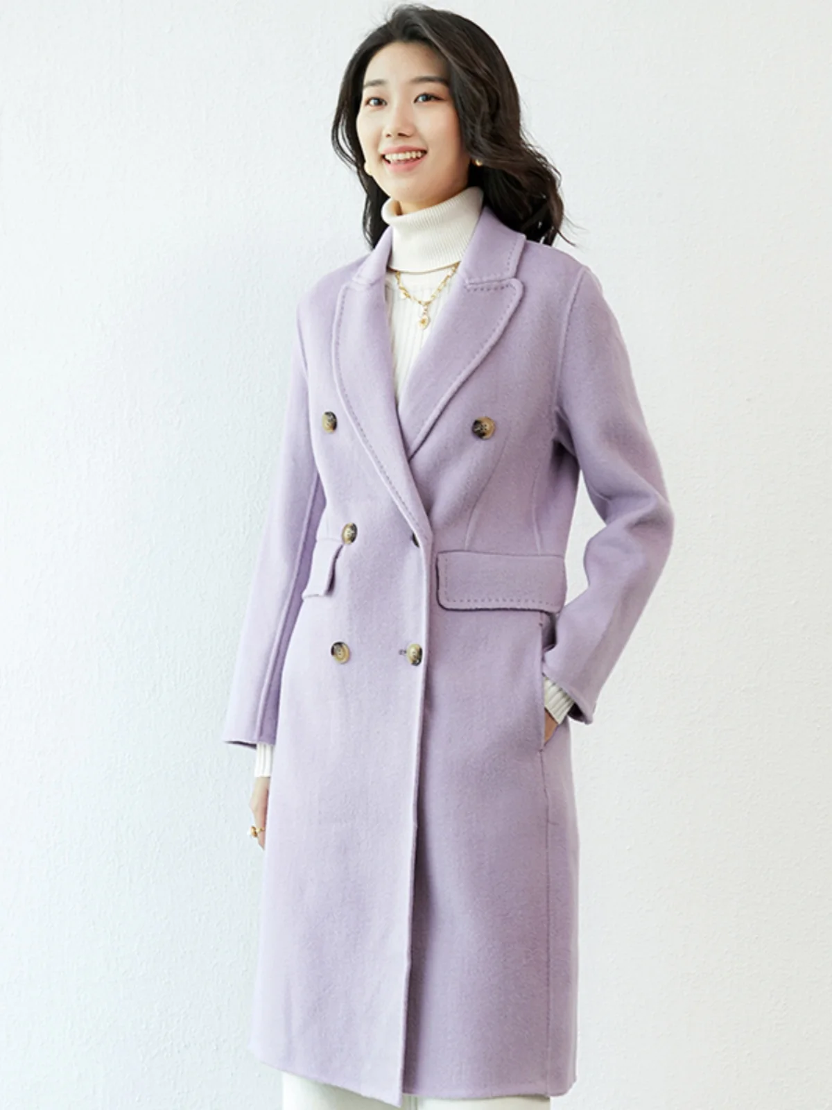 

Классическое Новое высококачественное двустороннее кашемировое пальто, женское приталенное пальто средней длины из чистой шерсти для осени и зимы