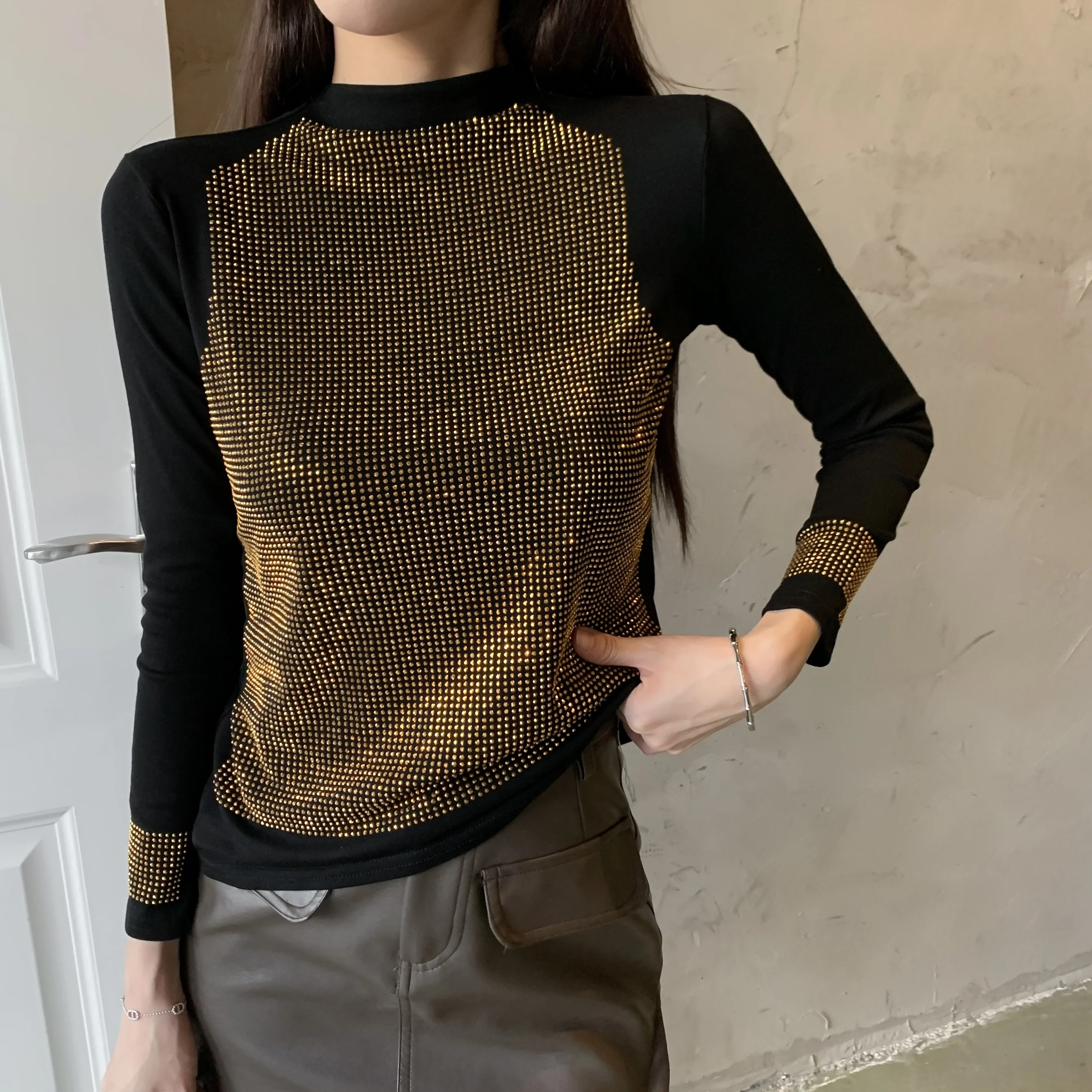 

2024 Fall Winter European Clothes T-Shirt Chic Sexy Patchwork Shiny Diamonds Women Tops Long Sleeve Hand Made Casual Tees 311188