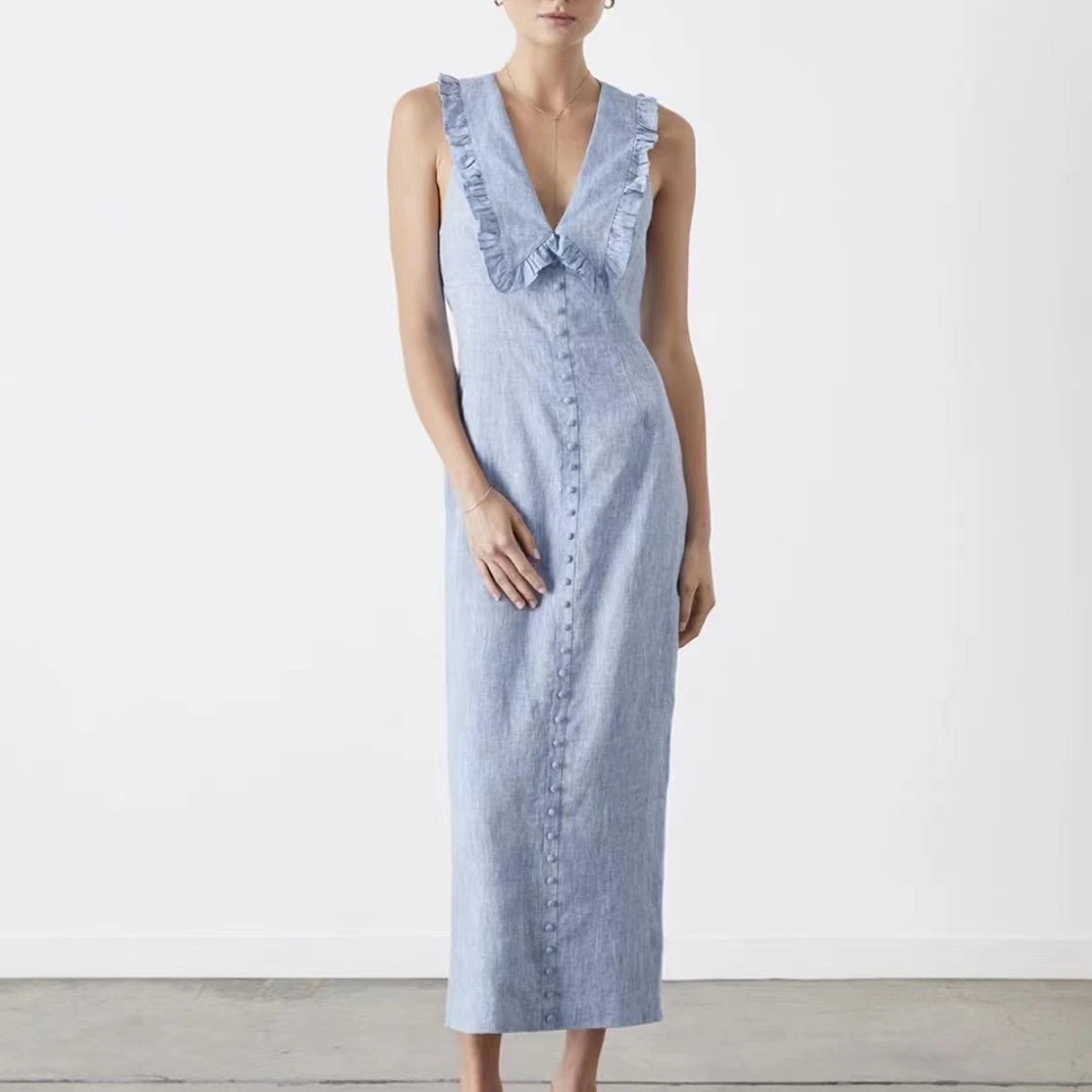 

Women Backless Linen midi Dress Ruffles Doll Collar Sleeveless Slim Long robe