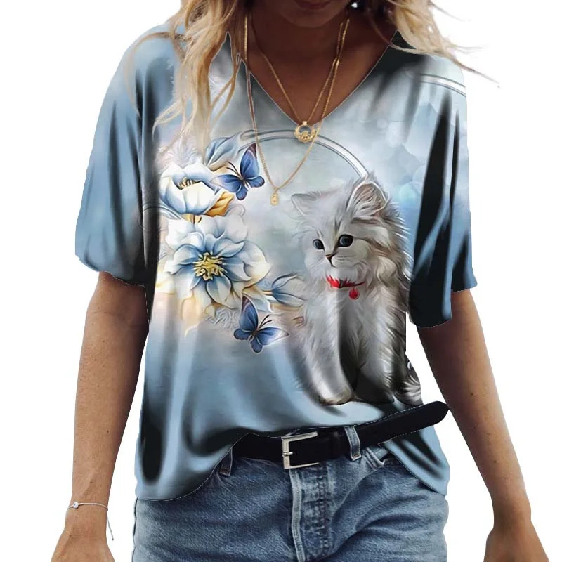 

Женская хлопковая Футболка с V-образным вырезом, с цифровым 3D-принтом