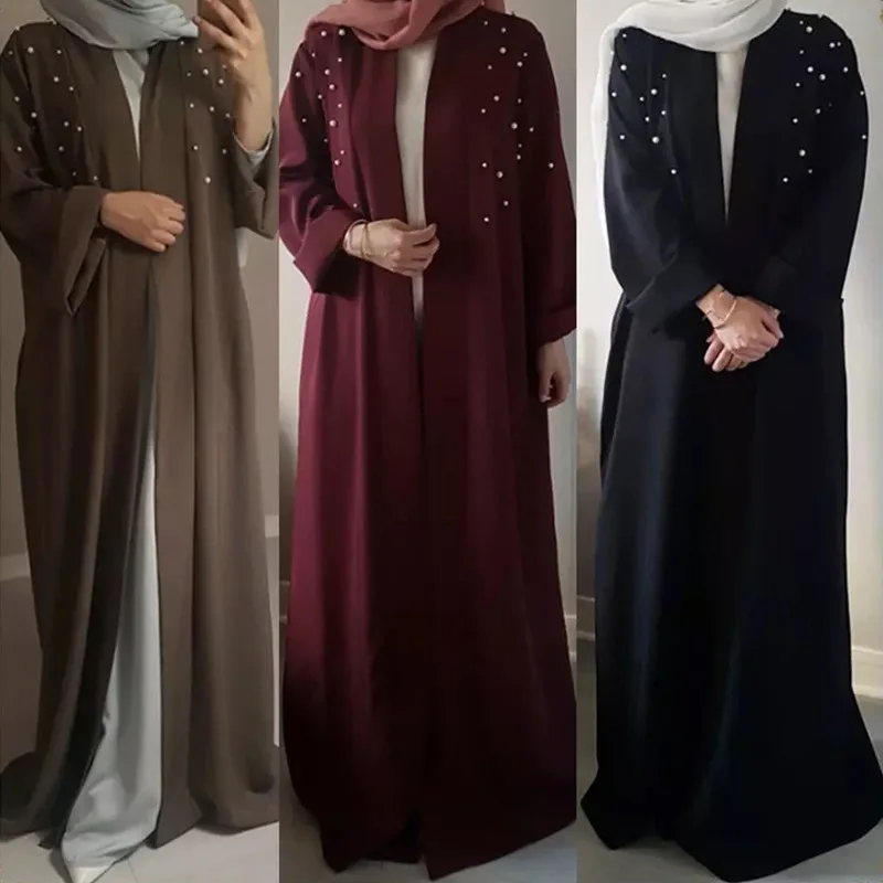 

Dubai Turkey Kaftan Muslim Cardigan Abayas Dresses For Women Pearl Embellished Casual Robe Kimono Femme Caftan Islamic Clothing