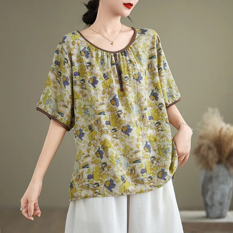 Женский пуловер с принтом Johnature Повседневная Свободная блузка круглым вырезом и