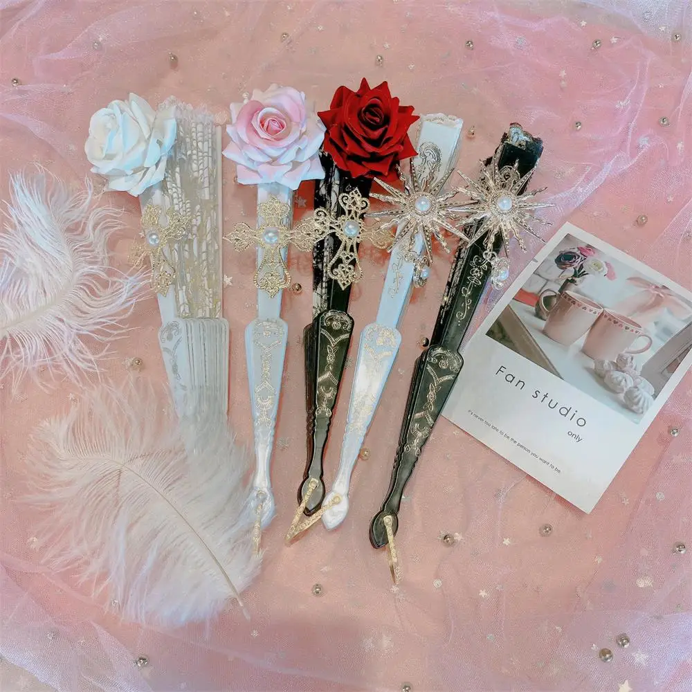 

Lolita Lace Fan Gorgeous Retro European Style Rose Folding Fan Dark Gothic Court Dance Hand Fan Gift Wedding Party Decoration