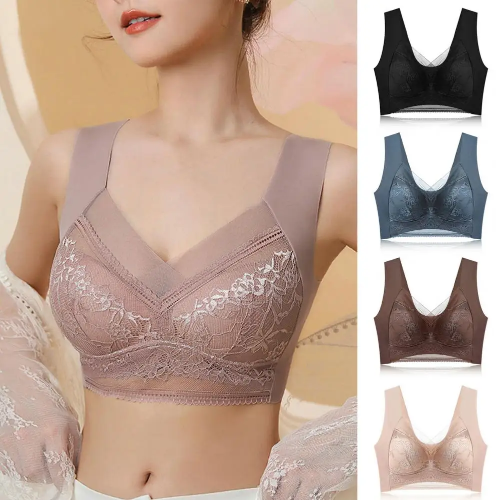 

Women Brassiere Plus Size Seamless Lace Mesh Breathable Breast Support Wide Shoulder Strap Padded No Constraint Lady Bra Inner