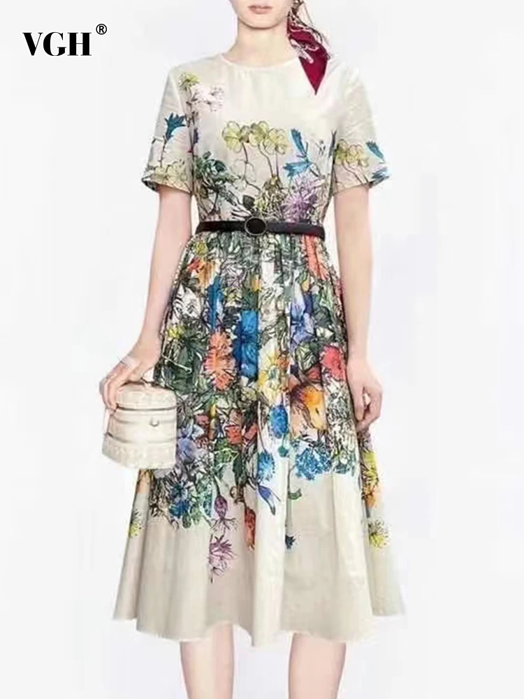 

VGH Casual Print Dress For Women Round Neck Short Sleeve High Waist Sashes Lace Up Mid Dresses Female 2022 Fashion Clothing New