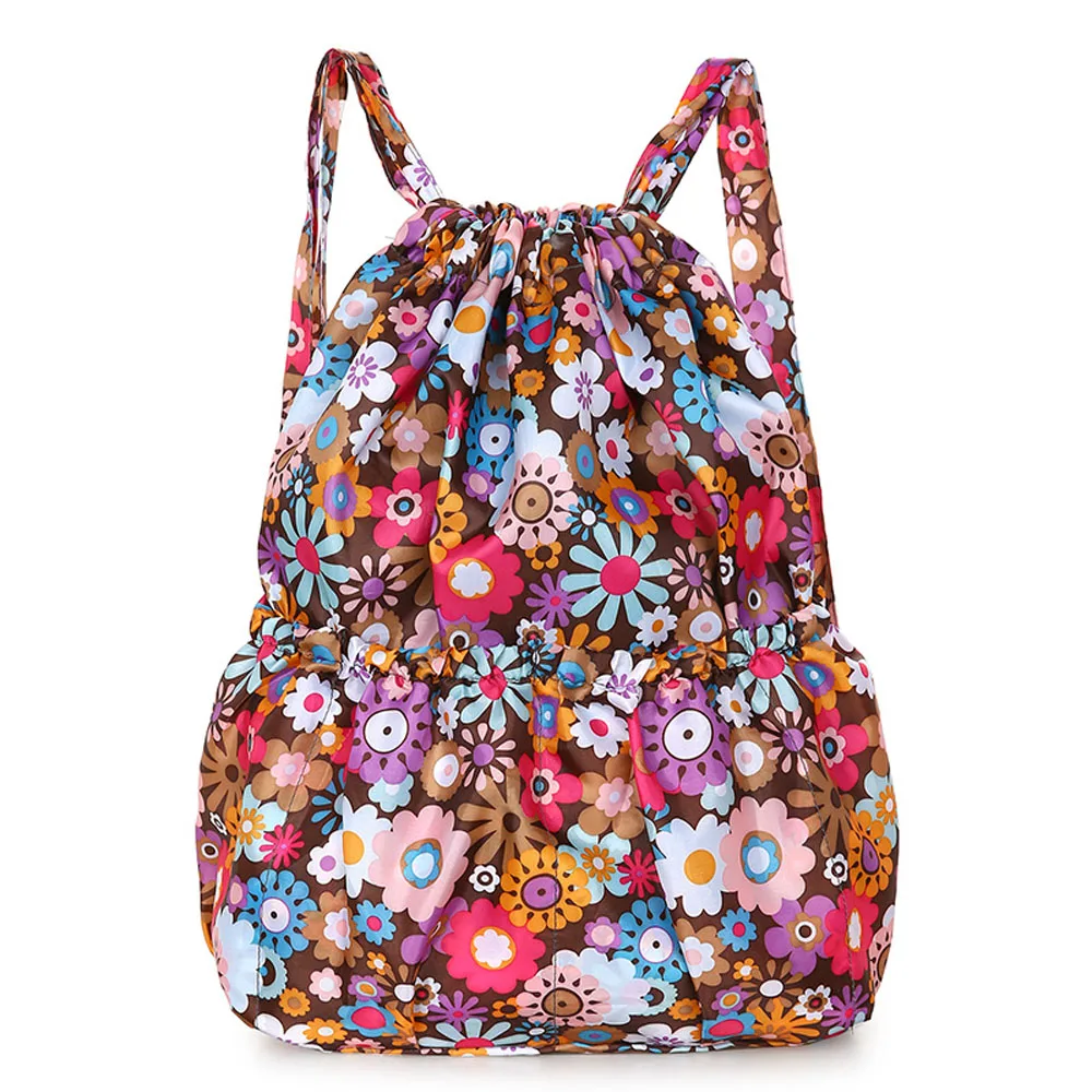 Drawstring Backpacks For Women Men Children Large Capacity Nylon Waterproof Flower Ethnic Style Rucksack Shoulders Travel Bags