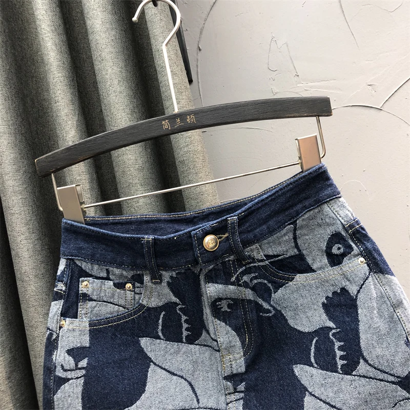 European Style High Waist Printed Denim Skirt for Women 2023 New Spring Summer Fashion Slimming A-line Loose Jeans Mini Skirts