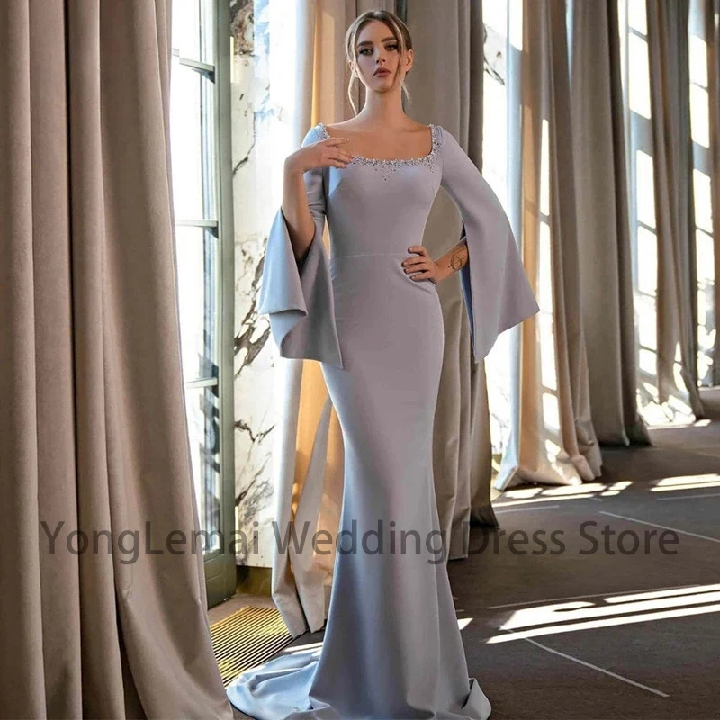 

Square Neck Long Sleeves Elegant Woman Dresses for Party Crystal Prom Gowns Modern Gray Mermaid Evening Gowns Vestidos De Fiesta