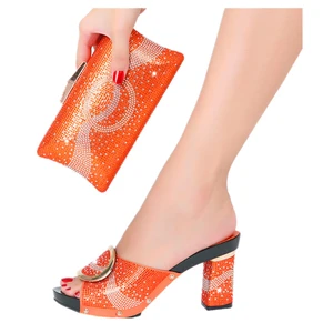 Nigerian Summer Latest Design Solid Color Ladies with Rhinestone High Heel Slippers and Bags for Wedding Party