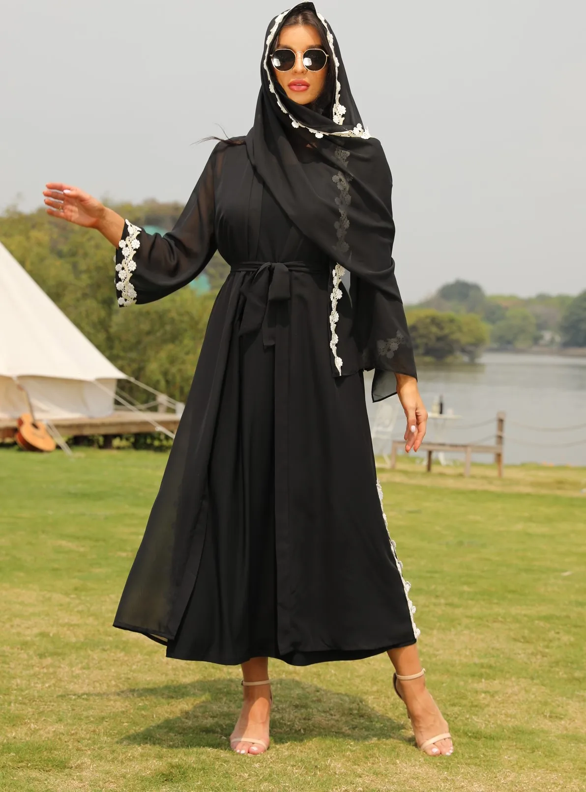 Рамадан ИД Мубарак шифон открытая абайя кимоно халат женский мусульманский хиджаб платье женская одежда