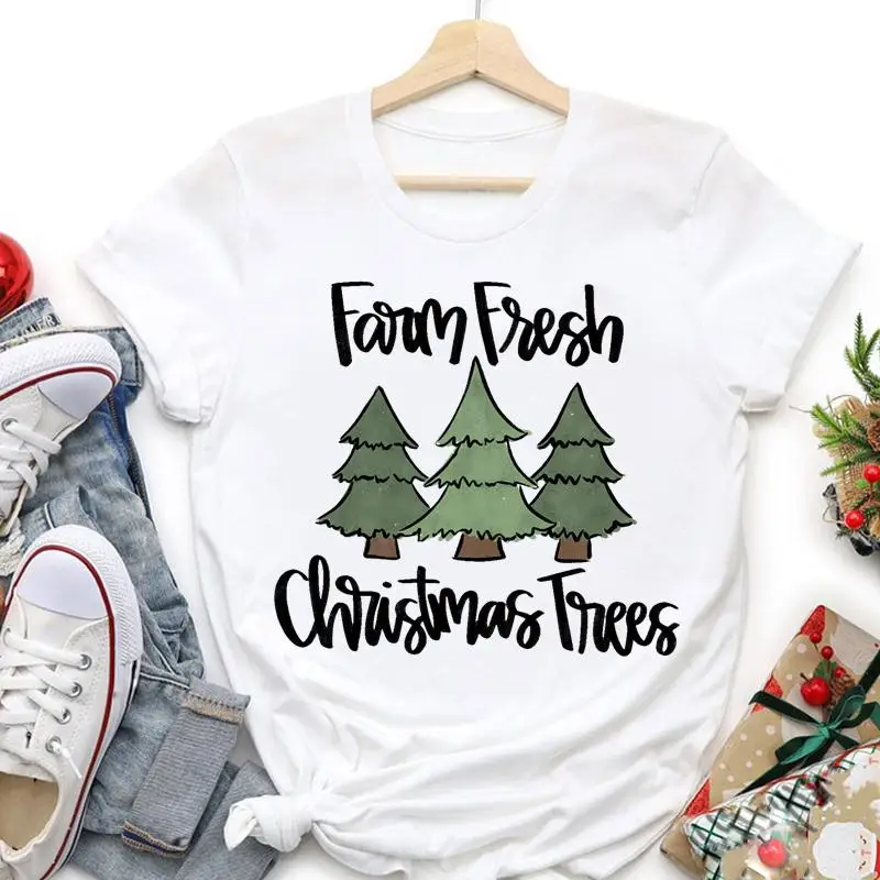 

Женская Праздничная футболка с надписью "Merry Christmas", футболки с графическим рисунком, одежда для нового года, дерево 90-х, милая мультяшная фут...