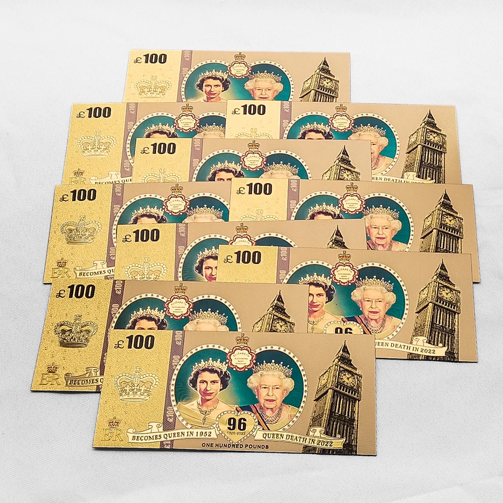 

1926-2022 Queen Elizabeth II Gold Foil Banknote Commemorative Banknotes 100Pounds Fake Money Uk Royal Family Gift for Collection