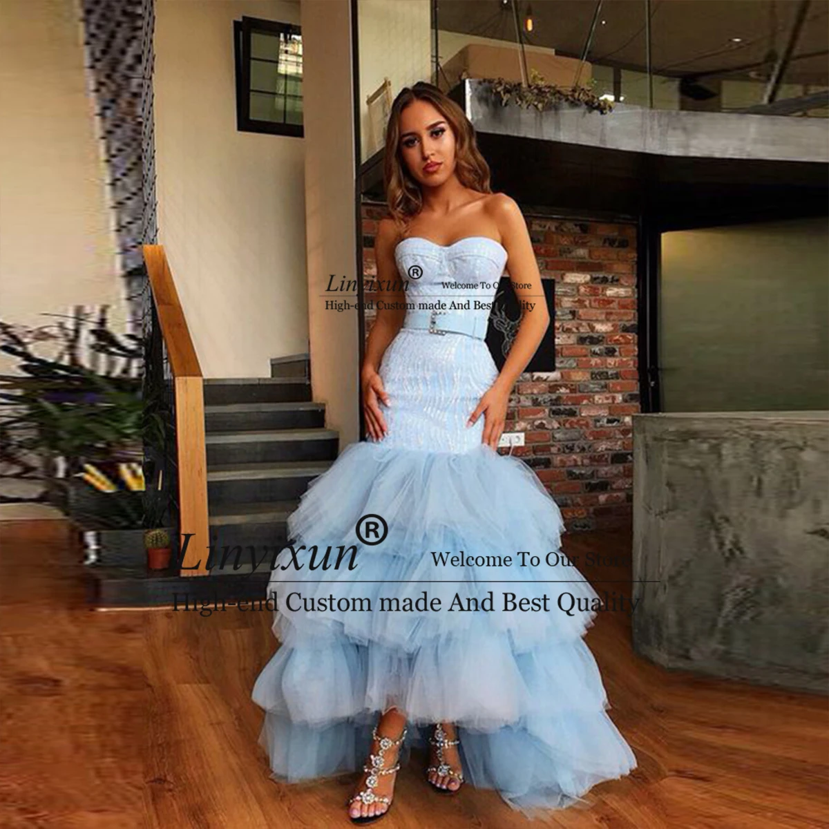 

Modern Blue Mermaid Prom Dresses Sexy Tulle Tiered Strapless Evening Gowns Floor-Length Women Formal Occasion Robe De Soiree