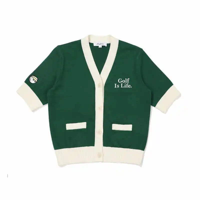 

Golf Wear Women's Spring/summer V-neck Casual Knitted Short Sleeve Color Patchwork Sports Cardigan T-shirt