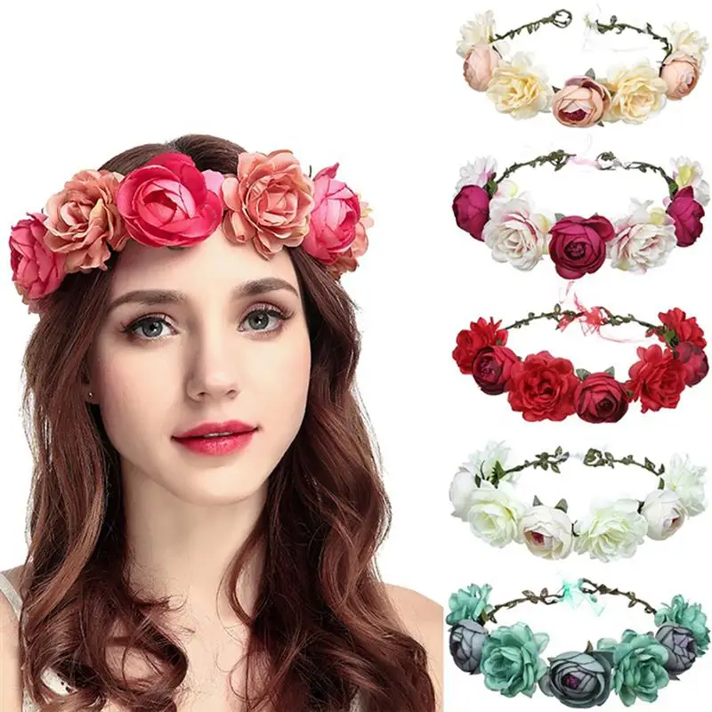 

5Pcs Spring Bohemian Flower Crowns Beach Hawaii Floral Garland Romantic Faux Rose Camellia Wedding Wreaths New Flower Headband