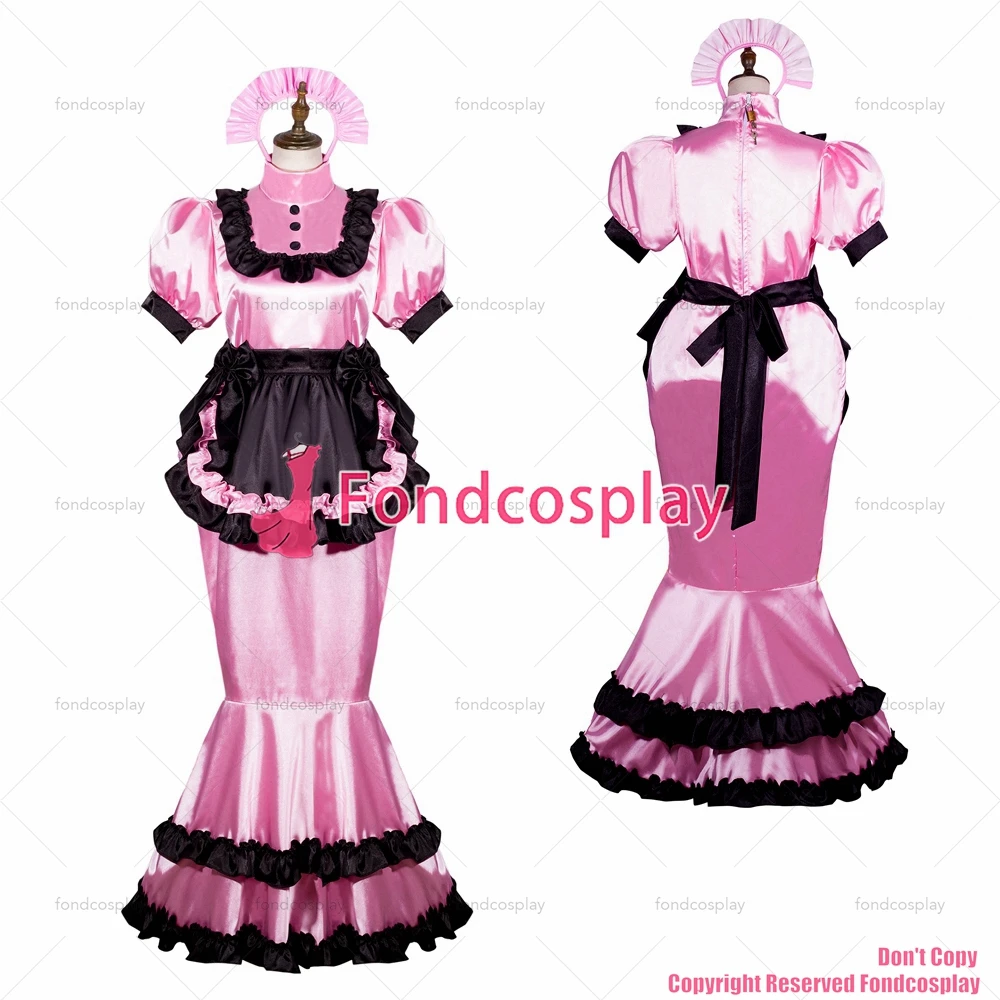 

tailor-made sexy adult dressing cross maid sissy long pink satin dress lockable uniform black apron fish tail tv/cd[g3761]