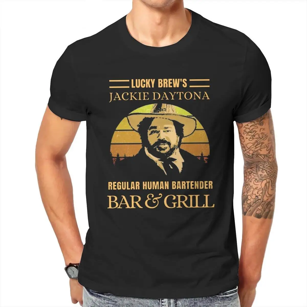 

Lucky Brew's Jackie Daytona Bartender T-Shirts Men What We Do in the Shadows Cotton Tee Shirt Crewneck T Shirts Plus Size Tops