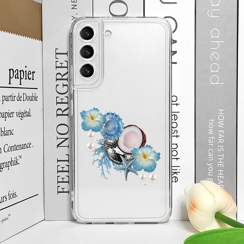 Мягкий чехол для телефона Samsung Galaxy S26 S25 Ultra S24 S23 S22 Plus S21 FE S26+ S25+ с тропическими мотивами: ракушки и плоды гибискуса (art.: 3920dbf720fa2) - 3920dbf720fa2