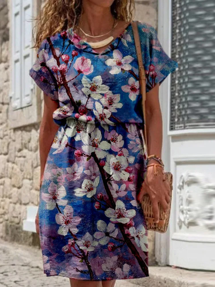 

Женское винтажное платье с цветочным принтом, V-образным вырезом и поясом на резинке