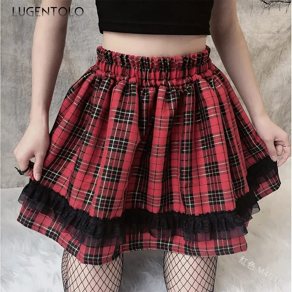 

Women Cute Skirts Plaid Sping Fashion Summer Thin Elastic Waist Girl Sweet Lace Casual A-LINE Shot Skirt