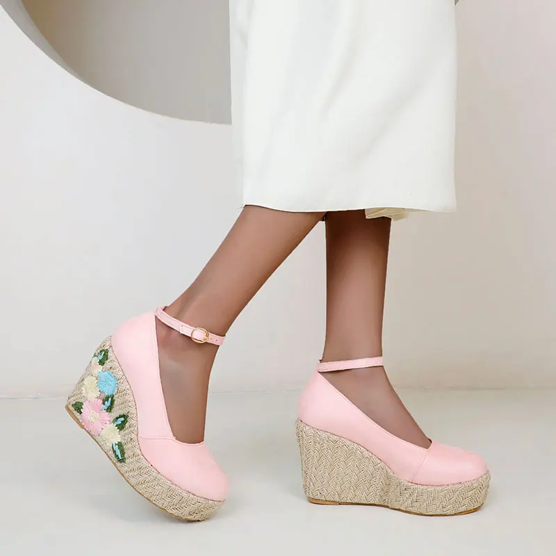 

2022 spring shoes women's pumps plus size 22-28cm flock Upper Linen Braided Flowers Wedge Ankle Buckle Pumps shoes for women
