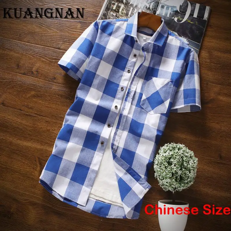 

KUANGNAN Plaid Men's Shirt & Blouse Vintage Clothing Sale Male Shirts for Mens Clothes Black Top Korean Style Tops Short Sleeve