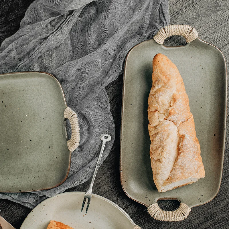 

Pottery Plate Ceramic Plate Set Cutlery Dinner Tray Terracotta Dish Double Ears Plate Commercial Vintage Tray Dinnerware 1pcs