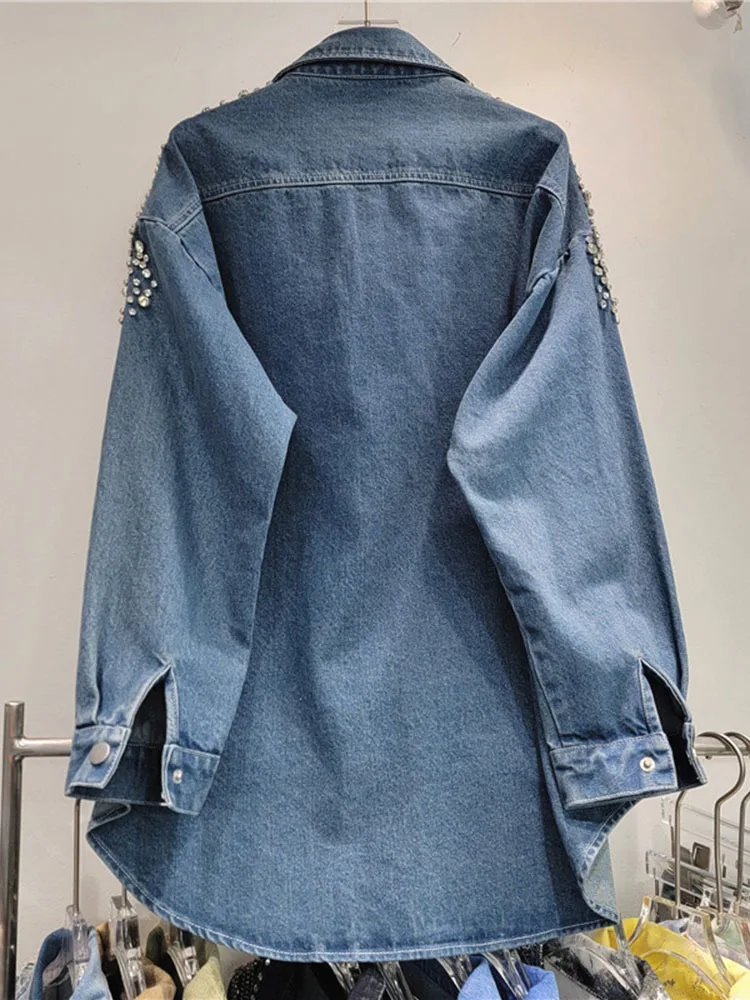 Женская джинсовая рубашка DEAT свободная куртка с отложным воротником и длинными