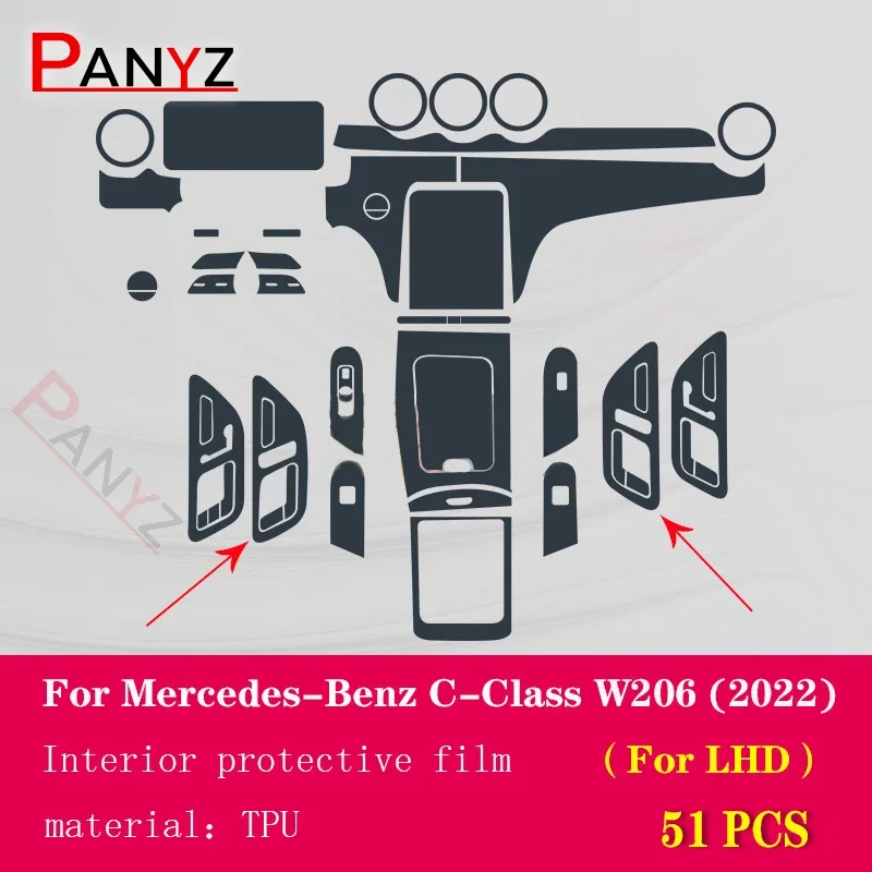 Фото Для Mercedes-Benz C-Class W206 2022 салон автомобиля, центральная консоль, прозрачная защитная пленка из ТПУ, ремонтная пленка против царапин, аксессуары №3