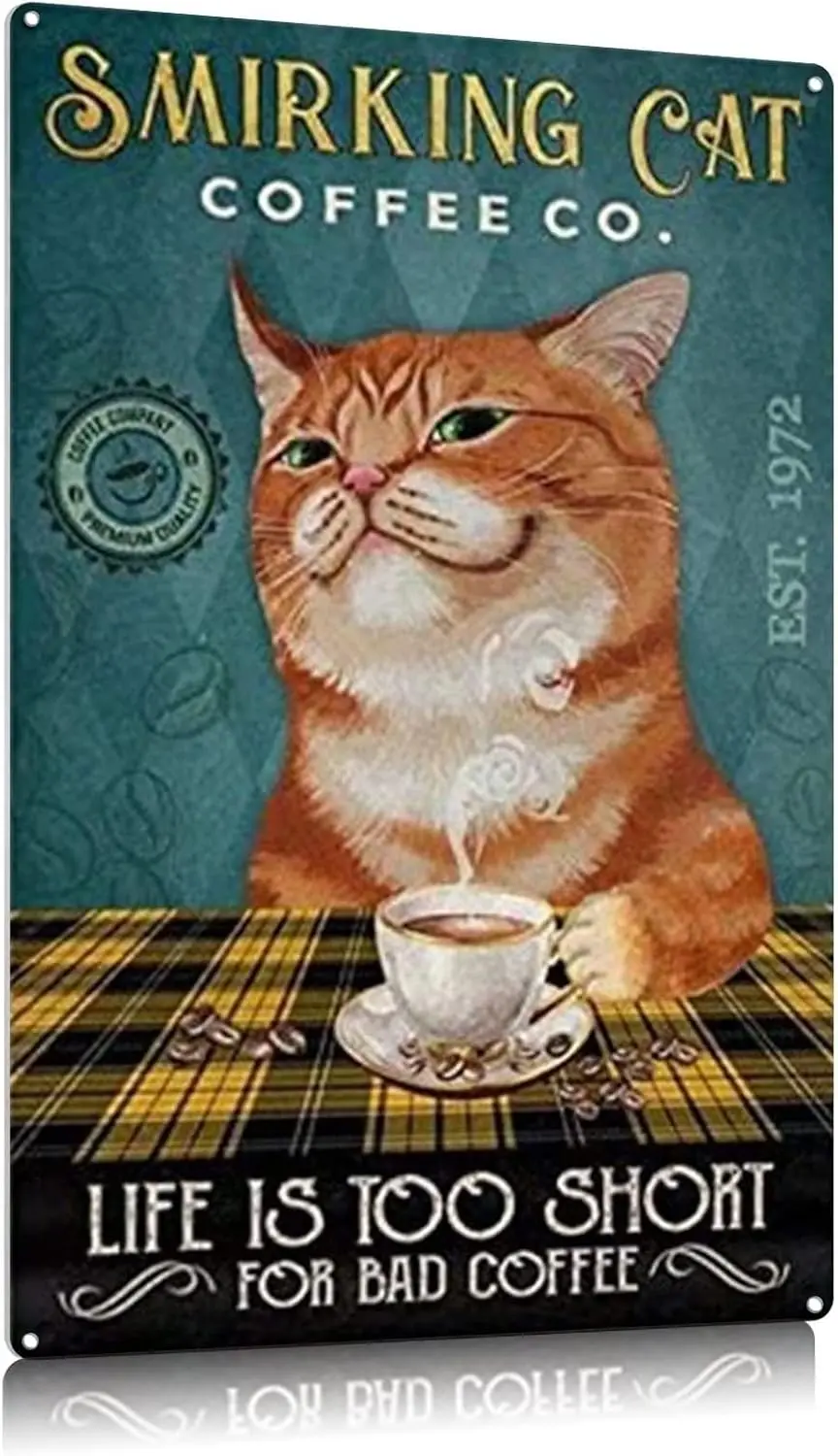 FEBIOAW Smirking Cat Coffee Винтажные металлические жестяные вывески Алюминиевые таблички