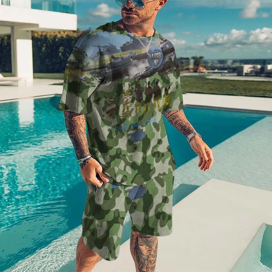 Men's clothing Camouflage Printed Men's 2 Piece Sportswear Short Sleeve T-shirt Set Summer Sportswear Loose Oversized Tracksuit