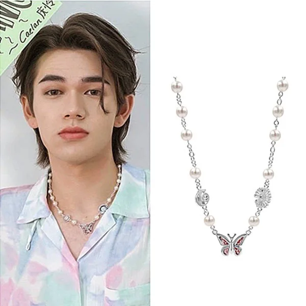 

Qing Lian Little Butterfly Pearl Titanium Steel Necklace Men and Women Street Fashion Brand Clavicle Chain Jewelry Surrounding