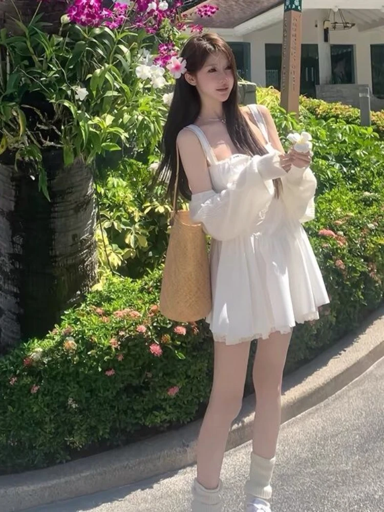 QWEEK милое белое кружевное платье-Лолита Y2k женское платье в стиле преппи без