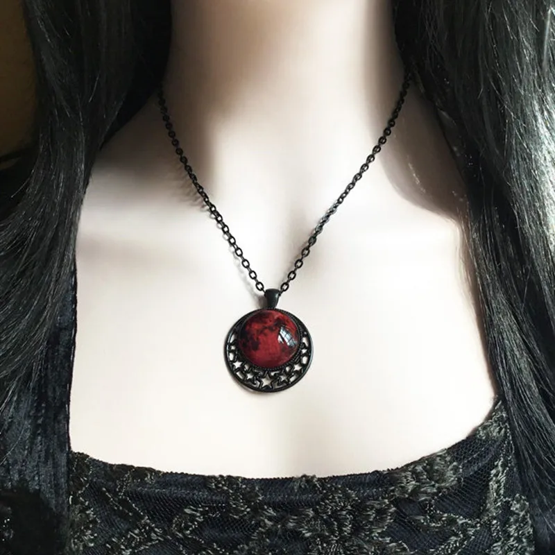 

Blood Moon Necklace, Moon and Stars, Red Moon Glass Relief Pendant, Celestial Jewelry, Solar System, Gothic Witchcraft Pagan