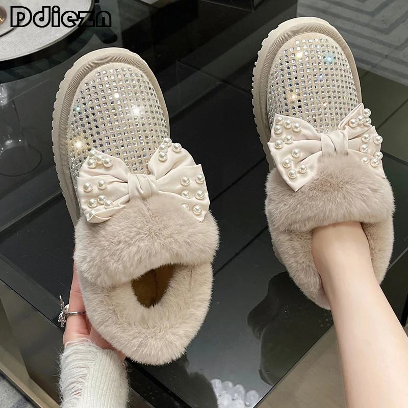 

Теплые меховые ботинки для снежной погоды 2023, повседневные укороченные ботинки с бантом-бабочкой, с круглым носком, на резиновой подошве, Ко...