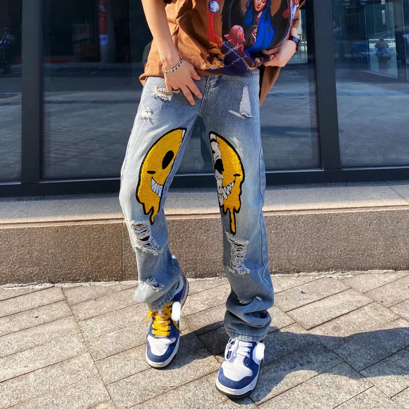 Men's Printed Smiley Embroidery Fashion Ripped Baggy Sweatpant Y2K Clothes Straight Jeans Pants Straight Goth Denim Trousers Man