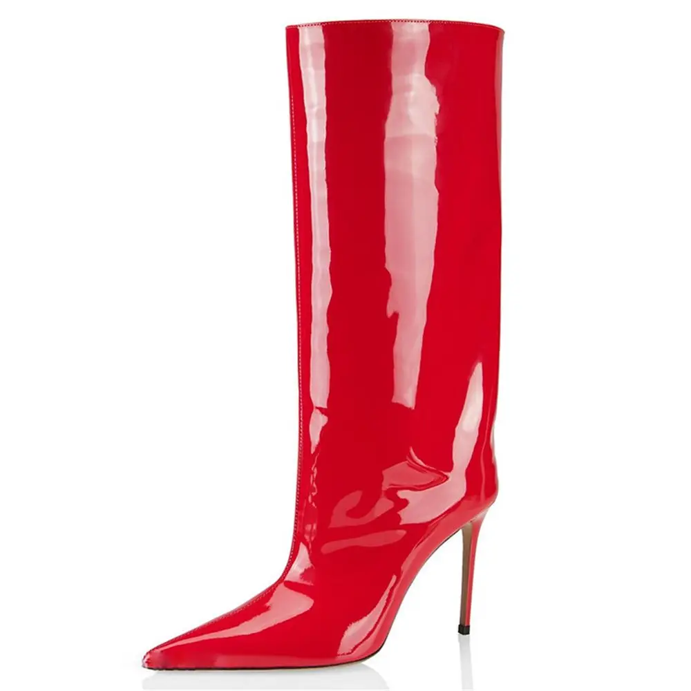 Lacquer Leather Women's Boots Slip--on Pointed Toe Stiletto Heels Mid-Calf Hot Selling Fashion Modern High Heel For Ladies New