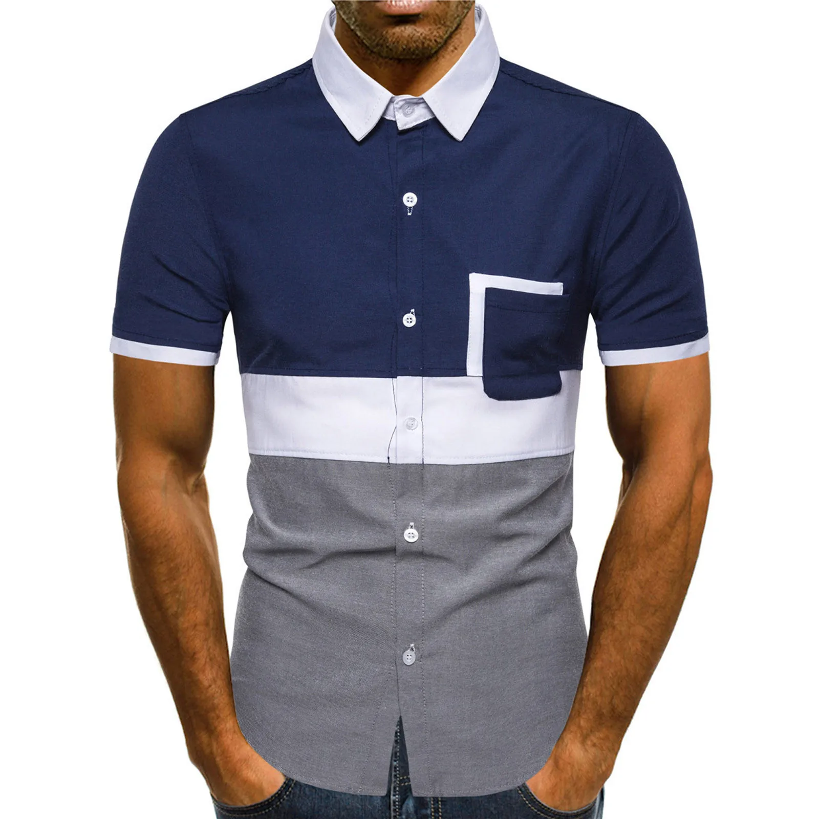 

Men Casual Shirt Blouse Short Sleeve Turndown Collar Patchwork Shirts Casual Fashion Shirt Loose Blouse Top Fitted T Shirts Men